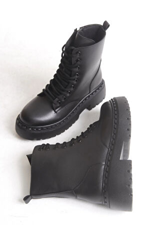 Kadın Postal Bot - Bağcıklı Fermuarlı Kalın Taban Kadın Postal Kadın Bot Siyah