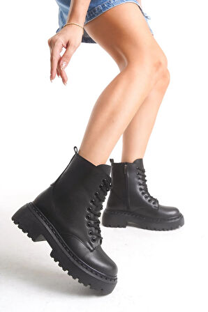 Kadın Postal Bot - Bağcıklı Fermuarlı Kalın Taban Kadın Postal Kadın Bot Siyah
