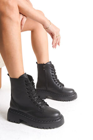 Kadın Postal Bot - Bağcıklı Fermuarlı Kalın Taban Kadın Postal Kadın Bot Siyah
