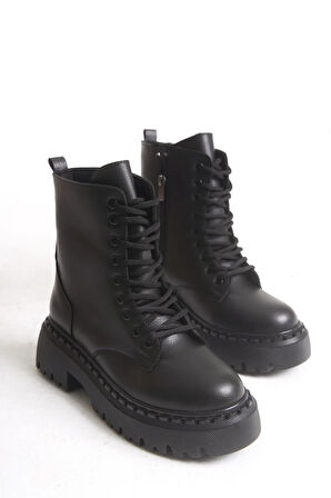 Kadın Postal Bot - Bağcıklı Fermuarlı Kalın Taban Kadın Postal Kadın Bot Siyah