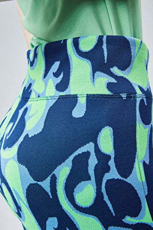 Kadın Yeşil Desenli Yüksek Bel Esnek İspanyol Paça Tayt Pantolan