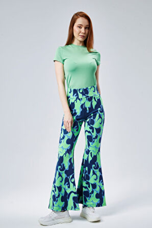 Kadın Yeşil Desenli Yüksek Bel Esnek İspanyol Paça Tayt Pantolan