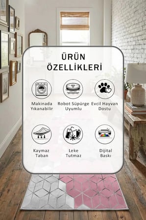 Süetro Pembe Salon Mutfak Yatak Odası Dijital Baskı Yolluk Halı Pembe