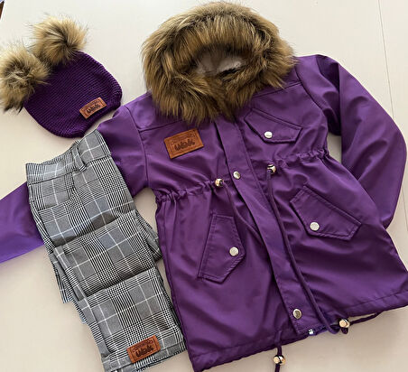 MODAVALS KIZ ÇOCUK TAK ÇIKAR İTHAL KÜRKLÜ KAPİŞONLU BEL AYARLAMALI LASTİKLİ MONT ÇİFT PONPONLU BERE EKOSE PANTOLON 3LU KOMBİN