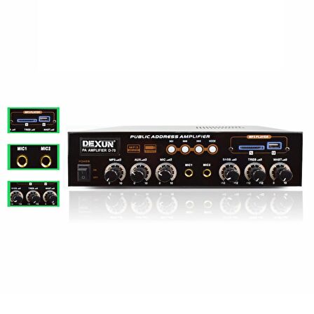 DEXUN D-70 50 WATT 100V-70V 4-16 OHM USB-SD-AUX-BLUETOOTH DESTEKLİ HAT TRAFOLU ANFİ