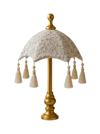 Bali Şemsiyesi 5 Renk Seçenekli Kadife Üzeri Fransız Dantelli Ahşap Ayaklı Dekoratif Ürün 45x30cm