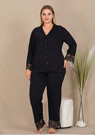  Siyah Renkli ve Leopar Desenli 11425 Kadın Uzun Kol Önden Düğmeli Büyük Beden Anne Pijama Takımı