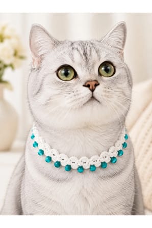 El Örgüsü Kedi Tasması Beyaz Turkuaz Boncuklu El Yapımı Kedi Boyun Aksesuarı
