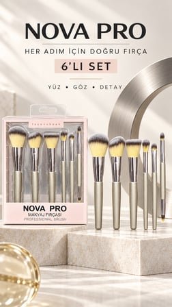 NOVA PRO Face + Cheek 6’lı Makyaj Fırçası Seti – Yüz, Göz ve Çift Uçlu Detay Fırçası