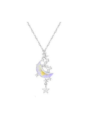 Moon & Stars Silver Kolye Paslanmaz Çelik Şık Hediyelik Aksesuar
