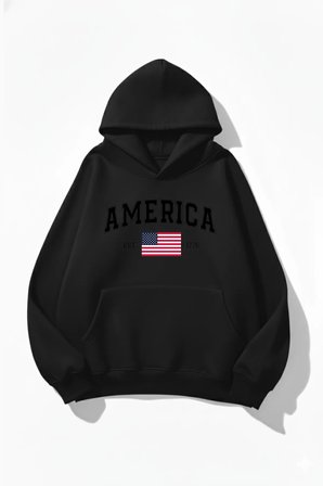 Unisex Yumuşak Dokulu America Baskılı Tasarım Oversize 3 İplik Hoodie Sweatshirt