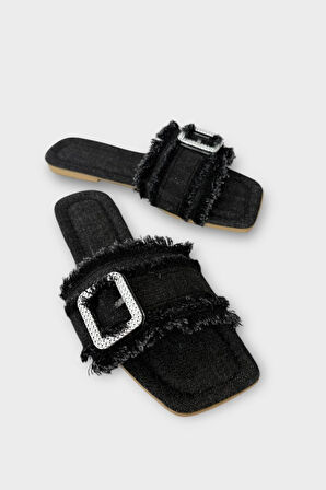 Kadın Püskül Detay Tokalı Denim Terlik SİYAH