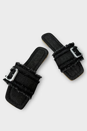 Kadın Püskül Detay Tokalı Denim Terlik SİYAH