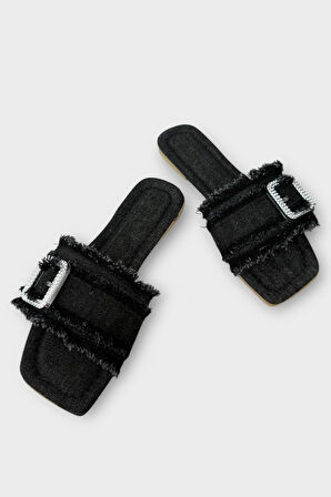 Kadın Püskül Detay Tokalı Denim Terlik SİYAH
