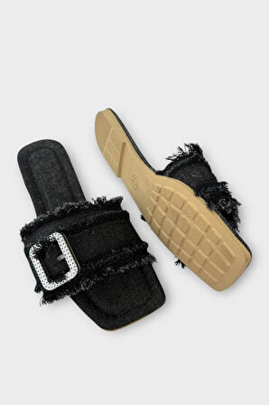 Kadın Püskül Detay Tokalı Denim Terlik SİYAH