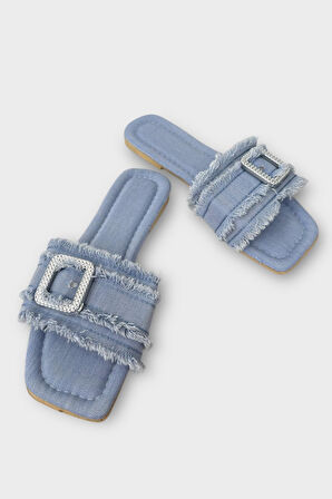 Kadın Püskül Detay Tokalı Denim Terlik MAVİ