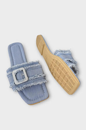 Kadın Püskül Detay Tokalı Denim Terlik MAVİ