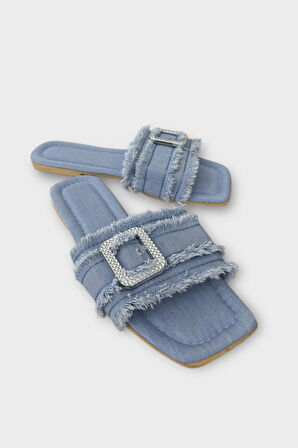 Kadın Püskül Detay Tokalı Denim Terlik MAVİ