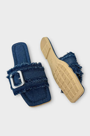 Kadın Püskül Detay Tokalı Denim Terlik LACİVERT