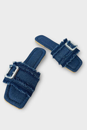 Kadın Püskül Detay Tokalı Denim Terlik LACİVERT