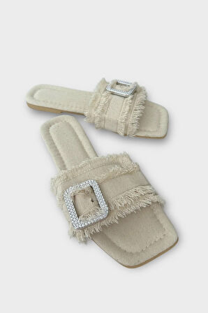 Kadın Püskül Detay Tokalı Denim Terlik KREM