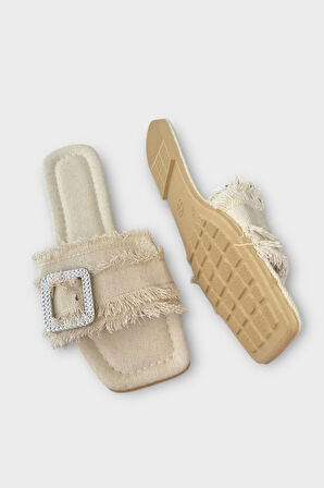 Kadın Püskül Detay Tokalı Denim Terlik KREM