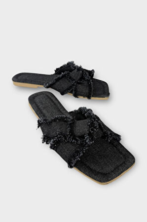 Kadın Püskül Detay Çapraz Denim Terlik SİYAH