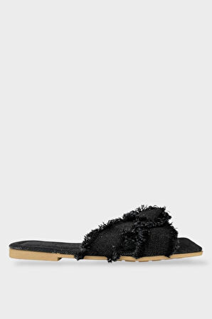 Kadın Püskül Detay Çapraz Denim Terlik SİYAH