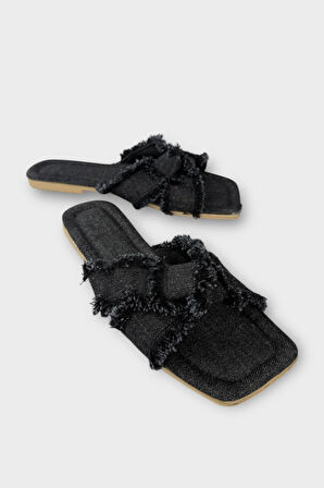 Kadın Püskül Detay Çapraz Denim Terlik SİYAH