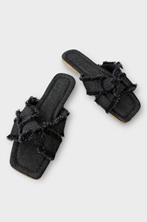 Kadın Püskül Detay Çapraz Denim Terlik SİYAH