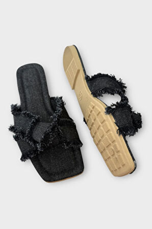 Kadın Püskül Detay Çapraz Denim Terlik SİYAH