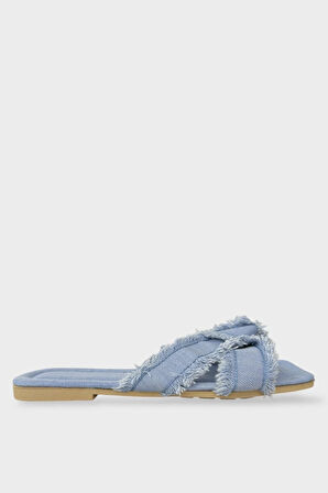 Kadın Püskül Detay Çapraz Denim Terlik MAVİ