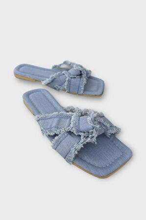 Kadın Püskül Detay Çapraz Denim Terlik MAVİ
