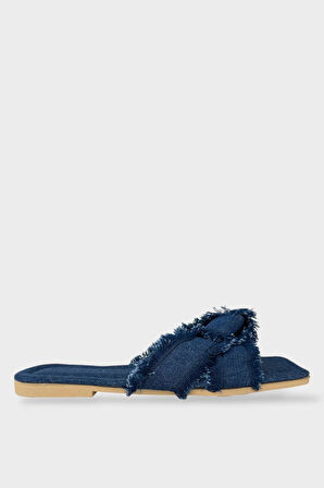 Kadın Püskül Detay Çapraz Denim Terlik LACİVERT