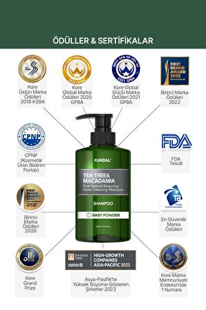 Sorunlu Saç Derisine Özel Şampuan KUNDAL Tea Tree & Macadamia Deep Cleansing Shampoo (Baby Powder)