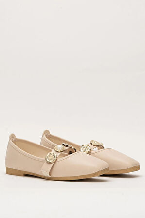 Kadın İnci ve Mühür Aksesuar Bantlı Babet KREM