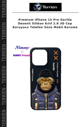 Premium iPhone 15 Pro Gorilla Desenli Silikon Kılıf 2.0 3D Cep Koruyucu Telefon Süsü Mobil Koruma