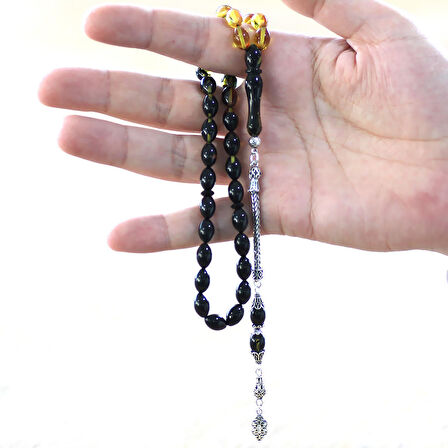 925 Ayar Gümüş Püsküllü Arpa Kesim Süzme Sarı-Siyah Ateş Kehribar Tesbih