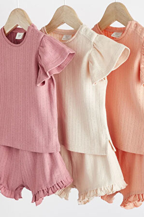 % 100 Pamuklu Pink Pointelle Kısa Kollu 3’lü Alt Üst Takım