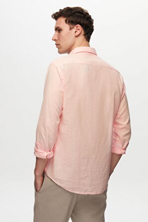 Ds Damat Slim Fit Pembe Düğmeli Yaka %100 Pamuk Yazlık Flamlı Keten Görünümlü Gömlek 6HC02ORT63265 6HC02ORT63265
