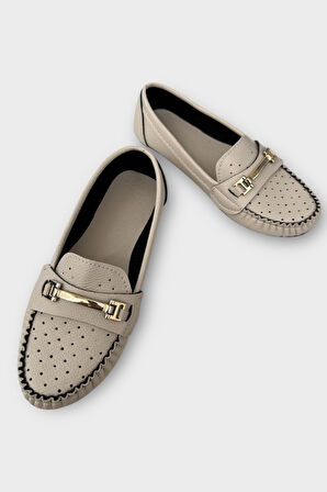 Kadın Delikli Tokalı Babet Ayakkabı KREM