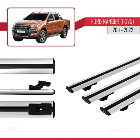 Ford Ranger (P375) 2011-2022 Arası ile Uyumlu BASIC Model Ara Atkı Tavan Barı Gri 3 Adet