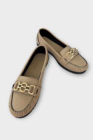 Kadın Tokalı Yumuşak Babet Ayakkabı BEJ