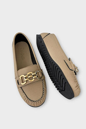 Kadın Tokalı Yumuşak Babet Ayakkabı BEJ