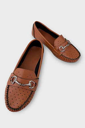 Kadın Tokalı Yumuşak Babet Ayakkabı TABA