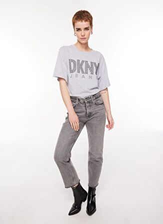 Dkny Jeans Gri Kadın Bisiklet Yaka Truvakar Kol Baskılı T-Shirt E3ITCUSB