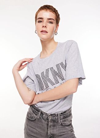 Dkny Jeans Gri Kadın Bisiklet Yaka Truvakar Kol Baskılı T-Shirt E3ITCUSB