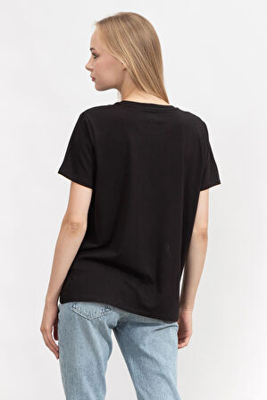 Kadın Two Tone Bisiklet Yaka T-Shirt-Siyah | S