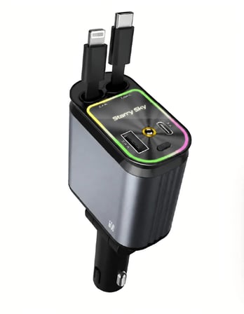 Polygold LF-718 66W PD Hızlı Araç Şarj Cihazı - Makaralı Type-C & Lightning Kablolu Araç İçi Tavan Yıldız Yansıtmalı Çakmaklık Şarjı