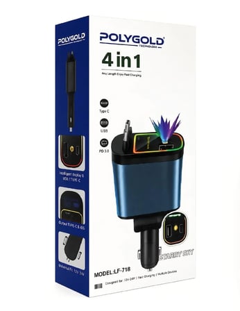 Polygold LF-718 66W PD Hızlı Araç Şarj Cihazı - Makaralı Type-C & Lightning Kablolu Araç İçi Tavan Yıldız Yansıtmalı Çakmaklık Şarjı